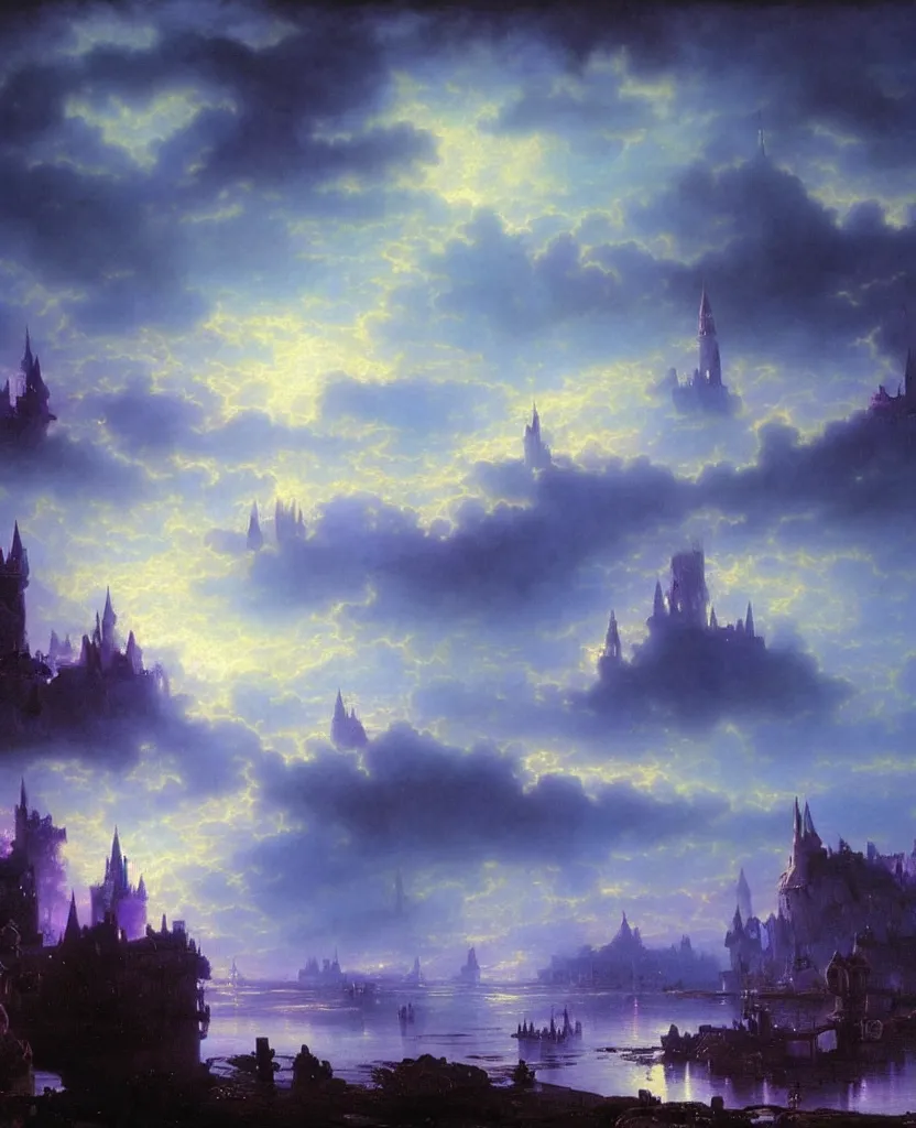 Image similar to beautiful matte airbrush painting of a of a fantasy landscape made of clouds with a european medieval castle made of light in the distance, ispired by gilbert williams, clear painting and good lighting, dark blue and intense purple color palette, mystical fog, art by yoshitaka amano, andreas achenbach, alfons mucha