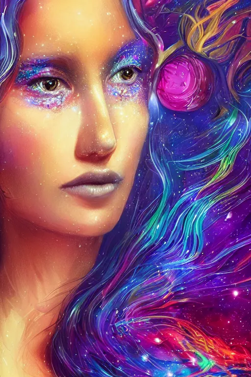 Image similar to a super realistic beautiful young womans face, magical, space stars and planets in her hair, windblown, intricate, synth-wave, retrowave, colorful, highly-detailed, elegant, dramatic lighting, gorgeous face, lifelike, photorealistic face, long luxurious intricate gown, digital painting, artstation, illustration, concept art, smooth, sharp focus, art by Jude Palencar, John Collier, artgerm, and Albert Aublet and Krenz Cushart and Artem Demura and Alphonse Mucha