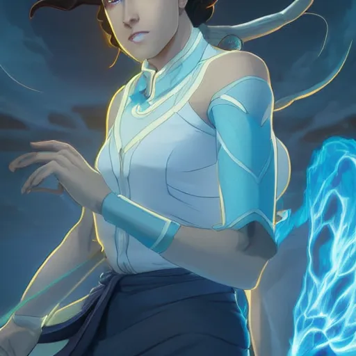 Image similar to Portrait of Avatar Korra, Legend of Korra, blue eyes, intricate, elegant, highly detailed, digital painting, artstation, concept art, smooth, sharp focus, illustration, art by artgerm and greg rutkowski and alphonse mucha