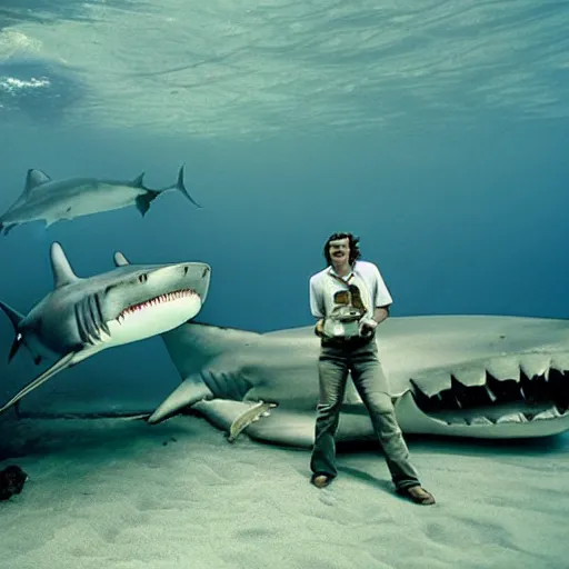 Image similar to marine biologists pose next to megladon shark, caught giant shark, scientists posing, they keep some distance, hanging shark, national geographic photo 1 9 7 0 s, fugifilm