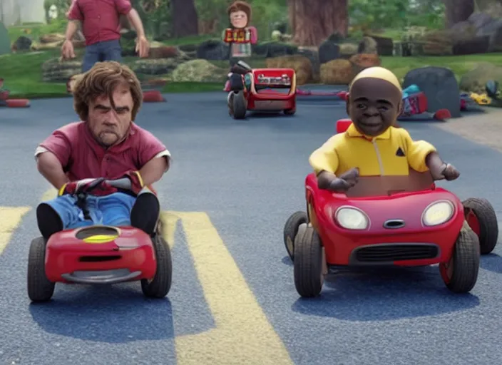 Image similar to peter dinklage racing gary coleman driving a little tikes cars, movie still, from the new fast and furious movie, 8 k, realistic