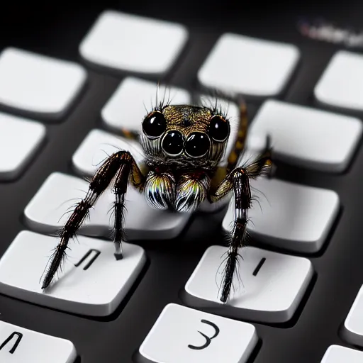 Image similar to a smart jumping spider using his computer keyboard, by pixar, macro lens, iridescent