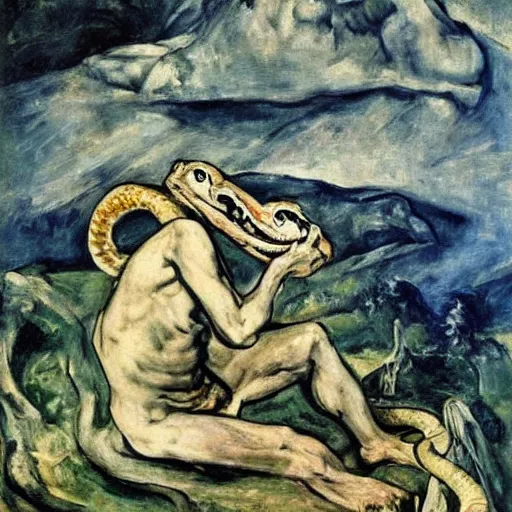 Image similar to by oskar kokoschka, by carel willink monumental. a beautiful print of a snake eating its own tail that seems to go on forever.