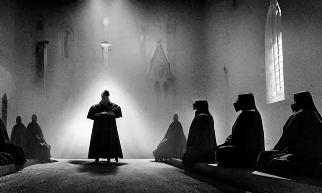 Image similar to a cultist ceremony, cultists with robes and masks, church interior, satanic church interior, the fog. horror lighting, found footage