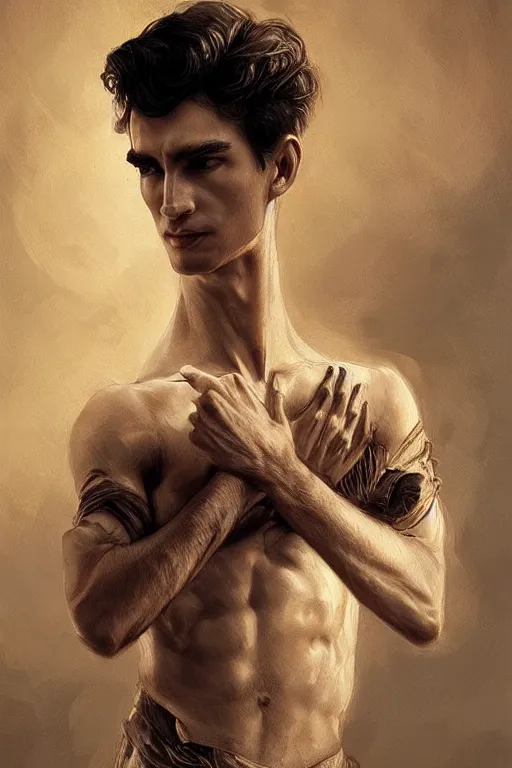 Image similar to stunningly handsome, ballet dancer in jungle, symmetrical face, golden hour, smooth, focus, highly detailed, hyper realistic, dramatic lighting, elegant, intricate, concept art, art by wlop, mars ravelo, greg rutowski, artstation