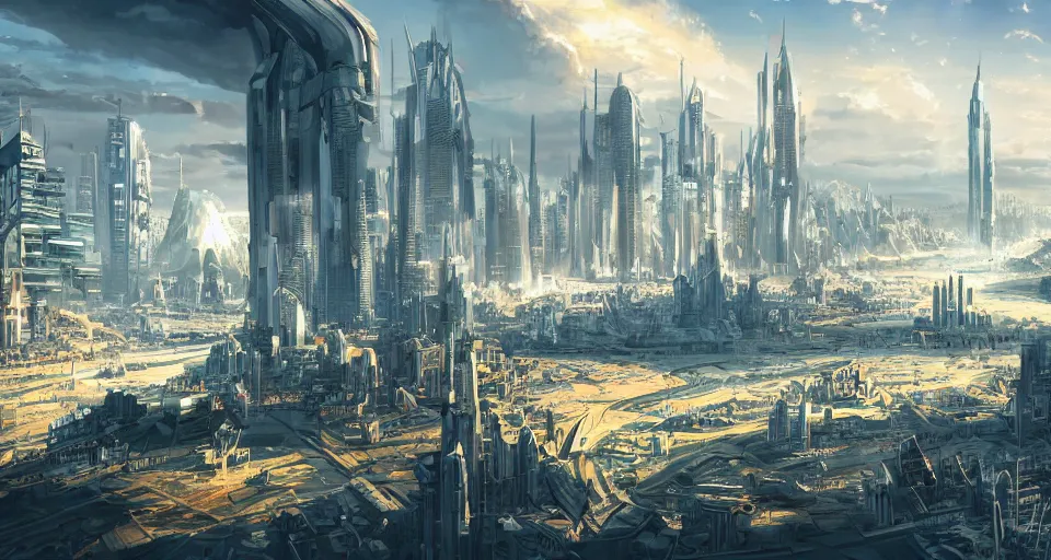 Prompt: view on futuristic city in the horizon, illustration by dean roger, detailed, sharp, 8 k