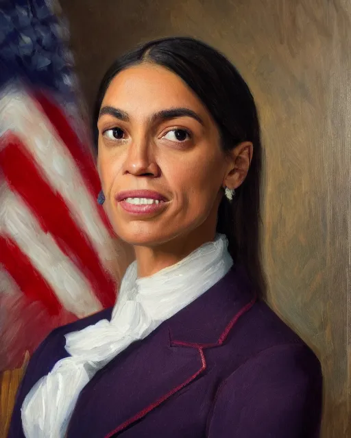 Prompt: official close - up portrait of the united states president, alexandria ocasio - cortez, resolute desk, 1 8 4 8, oil on canvas by william sidney mount, trending on artstation, national archives
