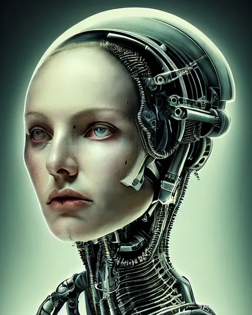 Prompt: a young beautiful female cyborg profile face, by h. r. giger, by ismail inceoglu, by kiki smith, glamor shot, vintage, closeup, f / 2. 8, low contrast, 1 6 k, rim lighting, cinematic lighting, insanely detailed and intricate, hypermaximalist, elegant, ornate, hyper realistic, super detailed