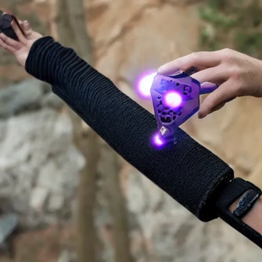 Image similar to epic fantasy style, a device that shoots a small grapple from a wristband
