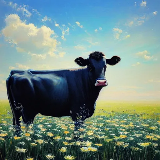 Image similar to Hyper realistic oil painting of a cow standing in the middle of a field of daisies, blue sky, high contrast, by greg rutkowski, trending on artstation
