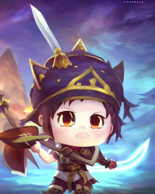 Image similar to oil painting of a cute chibi MapleStory warrior,, attacking, casting a spell with a spear, wearing a MapleStory warrior outfit, sharp focus, fantasy style, octane render, volumetric lighting, 8k high definition, by greg rutkowski, highly detailed, trending on artstation, magic the gathering artwork, Perion background from MapleStory, centered