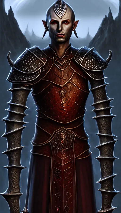 Prompt: hyperrealistic full body image of morrowind dunmer male nerevarine in front of balmora, red eyes, 3 / 4 portrait, symmetrical face, handsome face, full body dnd character portrait, medieval armor, morrowind armor, oblivion armor, skyrim armor, eso armor, intricate, highly detailed, elegant, 4 k, artstation, deviantart