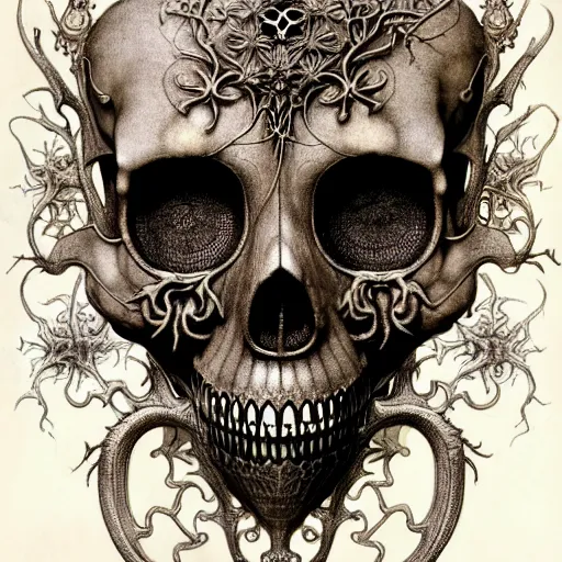 Image similar to memento mori by arthur rackham, art forms of nature by ernst haeckel, ultrasharp, photorealistic, hyperdetailed, octane render, polished, art nouveau, gothic, ornately antique porcelain beautiful skull mask dominant, intricate ornamental organic filigree, art nouveau botanicals, art forms of nature by ernst haeckel, horizontal symmetry, symbolist, visionary