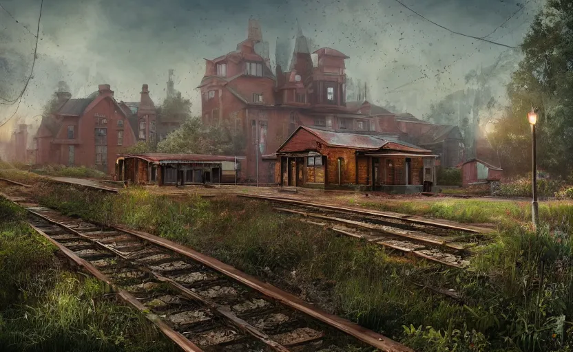 Prompt: An abandoned train station in the style of Disney, disney concept art, cinematic lighting, overgrown swedish urban landscape, 8k resolution, trending on artstation