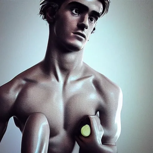 Image similar to “ a realistic detailed photo of a guy who is an attractive humanoid who is half robot and half humanoid, who is a male android, soccer player antoine griezmann, shiny skin, posing like a statue, blank stare, on the bed, on display ”