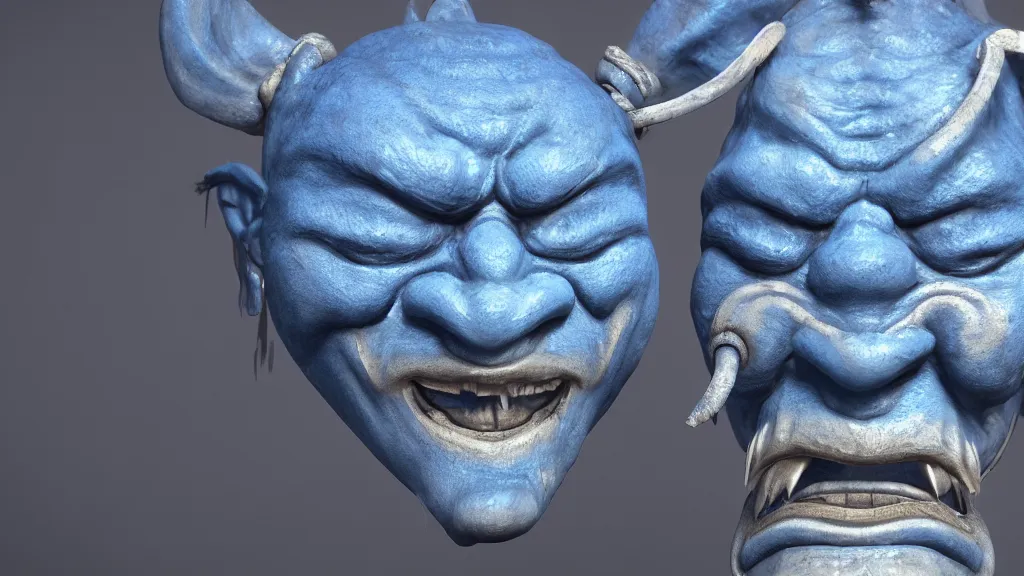 Prompt: a photorealistic dramatic hyperrealistic blue japanese oni mask, ultra realistic details, cinematic atmosphere, global illumination, shadows, octane render, 8 k