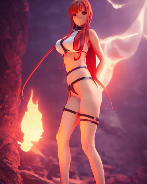 Image similar to pinup photo of asuna from sao in flame dungeon, asuna by a - 1 pictures, by greg rutkowski, gil elvgren, enoch bolles, glossy skin, pearlescent, anime, very coherent, maxim magazine, 3 d, vray, unreal 5, octave rendey, maya, cgsociety