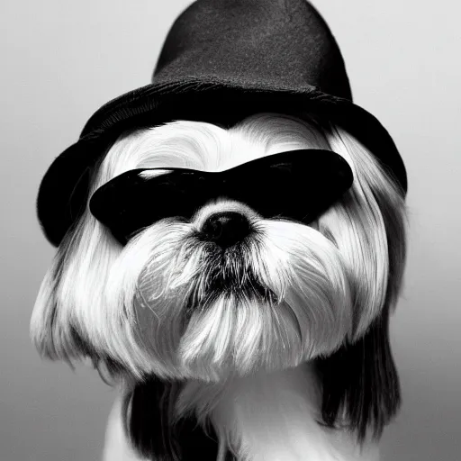 Prompt: a shih tzu wearing sunglasses while wearing a hat while smoking a cigar, noir film