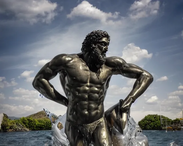 Image similar to a giant abstract sculpture of a legendary greek warrior god on the water, in the style of jeff koons, award winning, cinematic, hyper - realistic, very detailed, realistic water splashes, ray tracing, 8 k resolution, long - shot, sharp focus, low angle, 8 5 mm photograph, wide lens