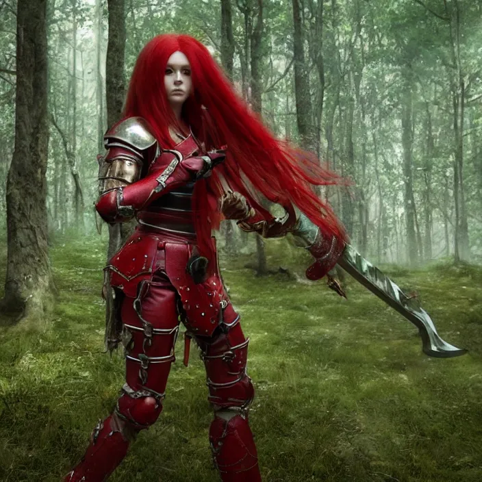 Image similar to a girl with long red hair wearing a red plate armor and holding a big red toothed sword in a forest, 3d render, octane render, unreal engine 5, 8k hdr, hyperrealistic, highly detailed, high quality, concept art, trending on Artstation, full-body armor,