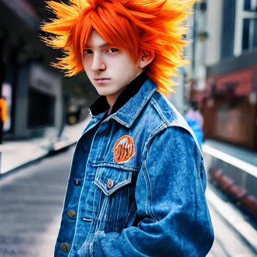 Prompt: orange - haired anime boy, 1 7 - year - old anime boy with wild spiky hair, wearing blue jacket, shibuya street, blue sunshine, strong lighting, strong shadows, vivid hues, raytracing, sharp details, subsurface scattering, intricate details, hd anime, high - budget anime movie, 2 0 2 1 anime