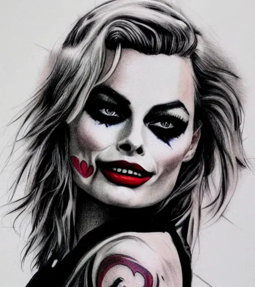 Image similar to tattoo design sketch of beautiful margot robbie portrait with joker makeup, in the style of den yakovlev, realistic face, black and white, realism tattoo, hyper realistic, highly detailed