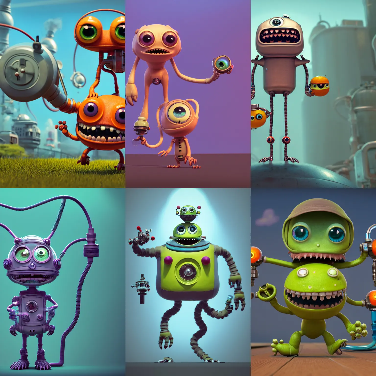 Prompt: a tiny cute atompunk monster with reactor and vacuum hoses and big eyes smiling and waving, back view, isometric 3d, ultra hd, character design by Mark Ryden and Pixar and Hayao Miyazaki, unreal 5, DAZ, hyperrealistic, octane render, cosplay, RPG portrait, dynamic lighting, intricate detail, summer vibrancy, cinematic