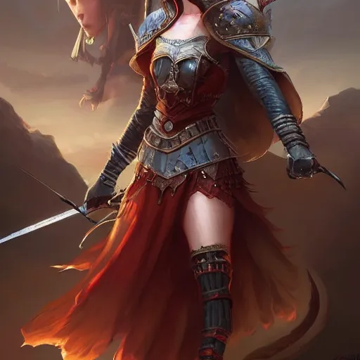 Prompt: a beautiful hyper realistic detailed epic concept art showing ( a noble knight women with red hair accompanied by ) the sacred spirit raccoon, by tom bagshaw, ross tran and bayard wu, in the style of dragon age, featured on artstation