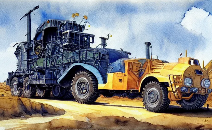 Prompt: caterpillar truck, colorful watercolor. by rembrant, battle angel alita, ralph mcquarrie, aluminum, 1 6 6 7