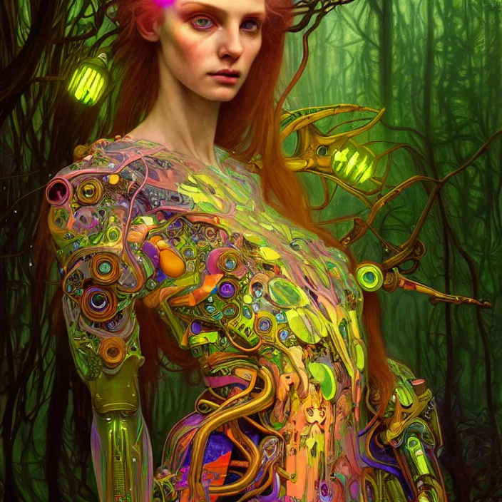 Image similar to bright psychedelic portrait of shy organic cyborg in an ancient forest, diffuse lighting, fantasy, intricate, elegant, highly detailed, lifelike, photorealistic, digital painting, artstation, illustration, concept art, smooth, sharp focus, art by John Collier and Albert Aublet and Krenz Cushart and Artem Demura and Alphonse Mucha