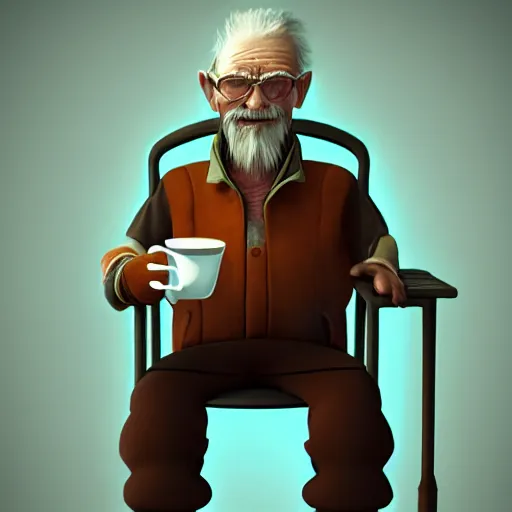 Image similar to old man sitting on a chair drinking coffee, by etienne hebinger, cgsociety, fantasy art, 2 d game art