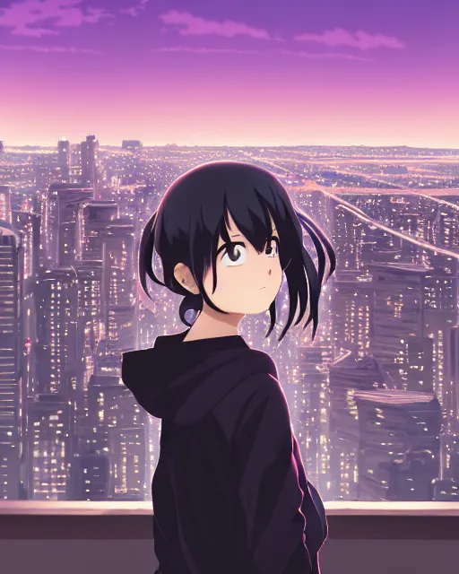 Image similar to anime visual, portrait of a young black haired girl wearing hoodie sightseeing above the city, guardrail, cute face by yoh yoshinari, katsura masakazu, dramatic lighting, dynamic pose, dynamic perspective, strong silhouette, ilya kuvshinov, anime cels, rounded eyes, moody