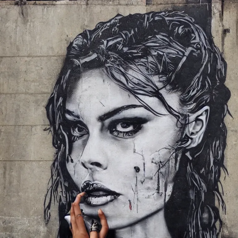 Image similar to Street-art portrait of Eve Mendes in style of Banksy, photorealism