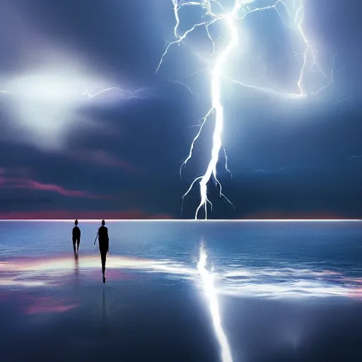 Prompt: girl walking on water, lightning, walking on water, scenic, dark cloudy background, lightning strikes, lightning bolts, shocking, 8k, artstation
