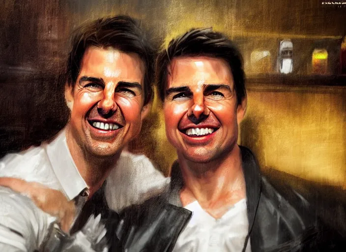 Prompt: hyper realistic tom cruise hanging out with tom cruise at a bar, by greg rutkowski, 4 k, 8 k, masterpiece