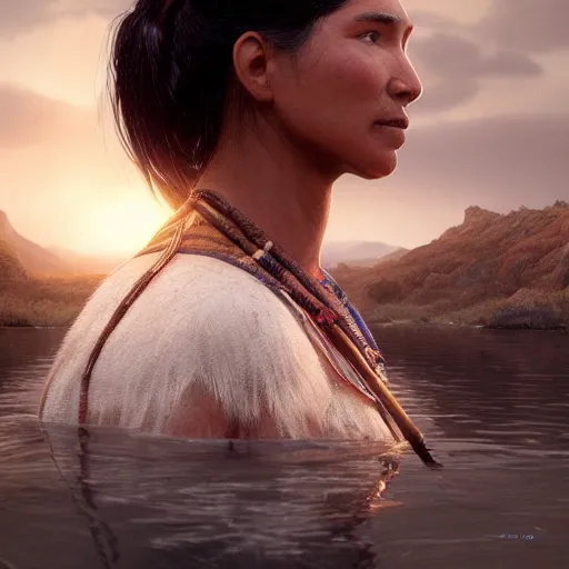 Image similar to hyperrealistic film full body still of sacagawea in river, inspired by istvan sandorfi & greg rutkowski & unreal engine, perfect facial symmetry, dim volumetric cinematic lighting, 8 k octane comprehensive render, extremely hyper - detailed, incredibly lifelike attributes, intricate, real flesh texture, masterpiece, artstation, stunning,