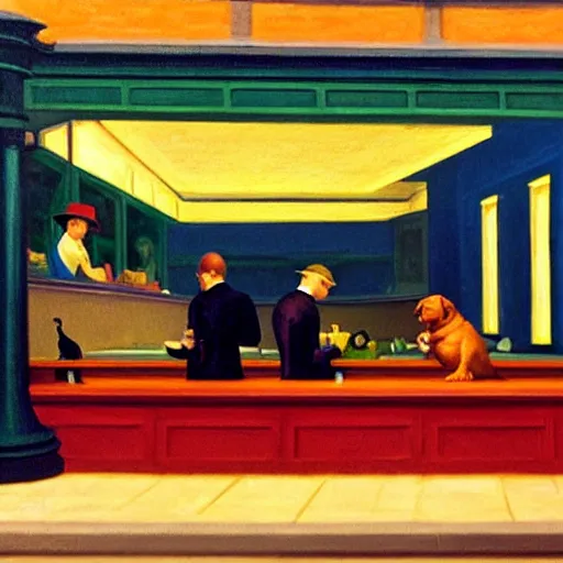 Image similar to “ nighthawks by edward hopper, but with dogs in the cafe.