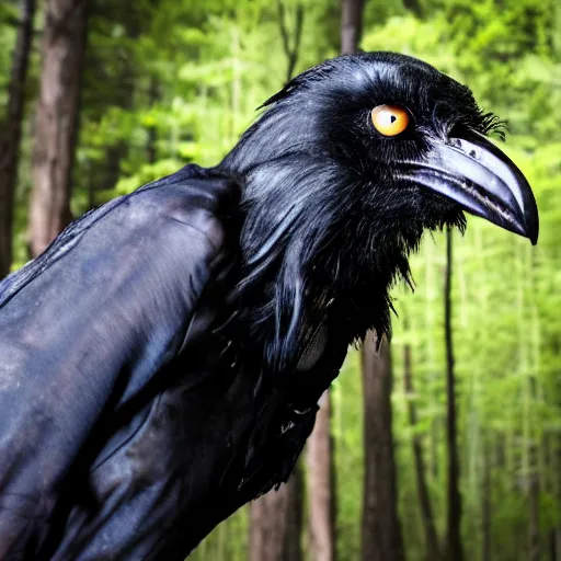 Image similar to werecreature mixture of human and crow, photograph captured in a forest