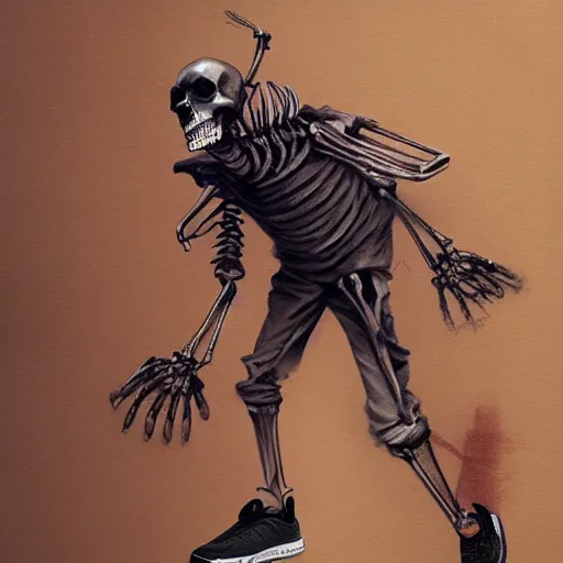 Image similar to a cool skeleton wearing nike shoes and a gucci shirt,digital art,realistic,detailed,art by greg rutkowski