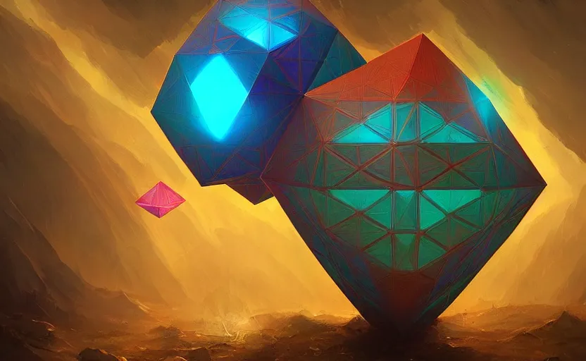 Prompt: a painting of a sierpinski icosahedron trending on artstation in the style of greg rutkowski, 3 d, fractal, 4 d, endless, rainbow, geometric tesseract, symmetry