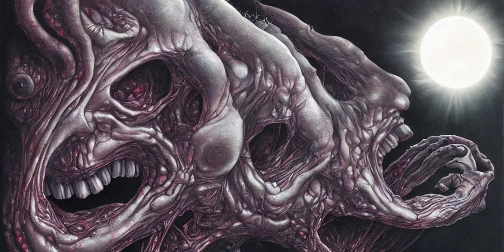 Prompt: the eclipse from berserk, golden ratio, creepy, melting, since, horror, art by wayne barlowe, giger, artgerm