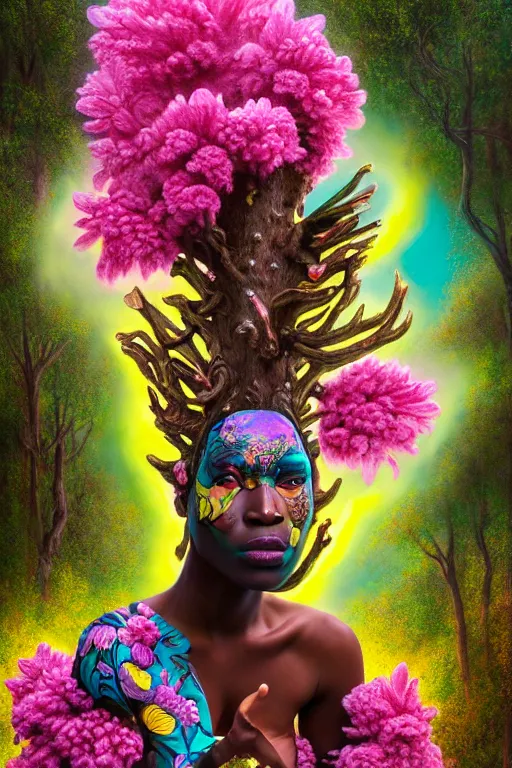 Image similar to hyperrealistic neo - rococo cinematic super expressive! yoruba goddess with exoskeleton armor, merging with tree in a forest, pink yellow flowers, highly detailed digital art masterpiece, smooth etienne sandorfi eric zener dramatic pearlescent soft teal light, ground angle hd 8 k, sharp focus