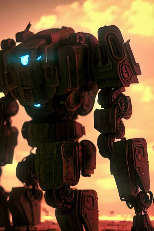 Image similar to a cinematic still from ruin city, full body red mech, armored core, intact humanoid servo, octane render, nvidia raytracing demo, masterpiece, aged armor plating, decipticon armor plating, aggressive head, endoekeleton exposure