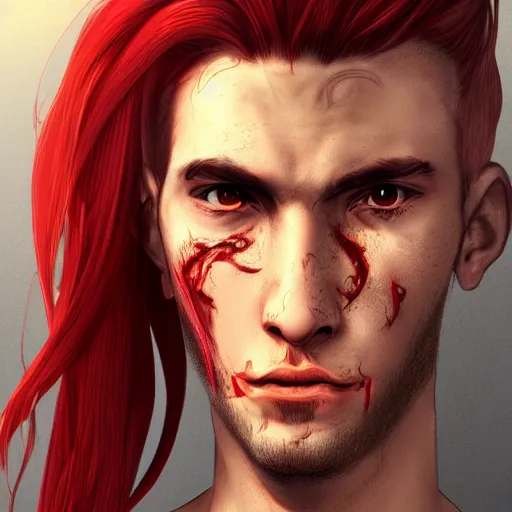 Image similar to portrait, 30 years old man :: red hair ponytail :: burned face :: high detail, digital art, RPG, concept art, illustration, Deviantart