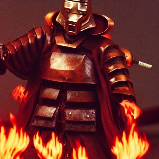 Prompt: cinematic film still MF Doom starring as a Samurai holding fire, Japanese CGI, VFX, 2003, 40mm lens, shallow depth of field,film photography