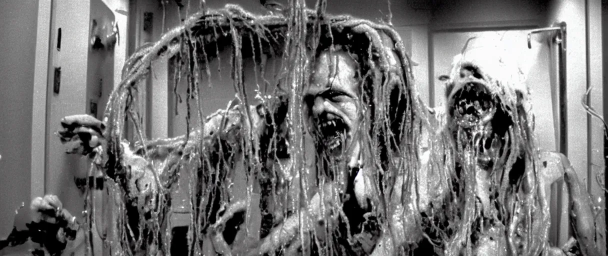 Prompt: filmic extreme wide shot movie still 4 k uhd interior 3 5 mm film color photograph of a hairy man with torn bloody clothes red noodles slime and tentacles coming out of his chest grabbing a scientist in a lab coat who is screaming oh my god and looking up for help, in the style of the horror film the thing 1 9 8 2