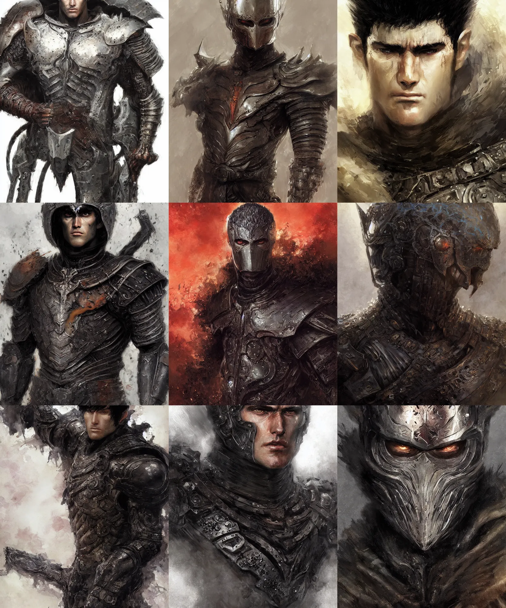 Prompt: digital art painting guts from berserk wearing his dark armor full body portrait painted by craig mullins and gaston bussiere and greg rutkowski, masculine face, symmetrical face, defined facial features, symmetrical facial features, dramatic lighting