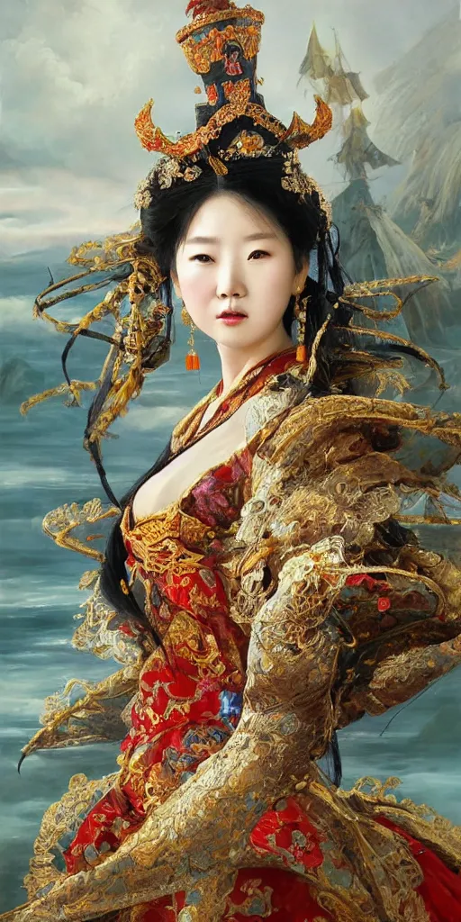 Image similar to Highly detailed and cinematic romantic period oil painting of the Chinese pirate queen Zheng Yi Sao, strong atmosphere, oil painting masterpiece by Josep Tapiró Baró, symmetry, fractals