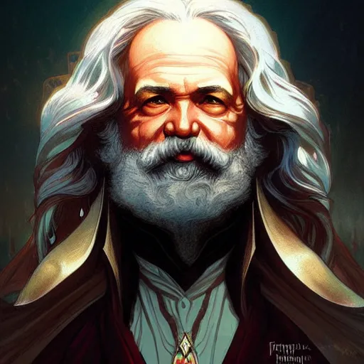 Image similar to half elf Karl Marx, fantasy, intricate, elegant, highly detailed, digital painting, artstation, concept art, smooth, sharp focus, illustration, art by artgerm and greg rutkowski and alphonse mucha