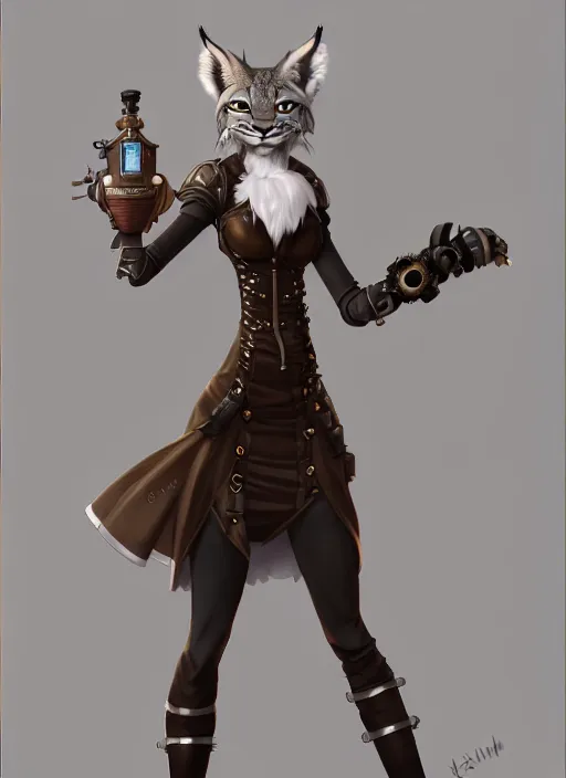 Prompt: wide angle beautiful full body portrait of a strong female anthropomorphic anthro lynx fursona wearing a steampunk dress. from behind, character design by disney, anime, manga, charlie bowater, ross tran, artgerm, and makoto shinkai, detailed, soft lighting, rendered in octane, white fur